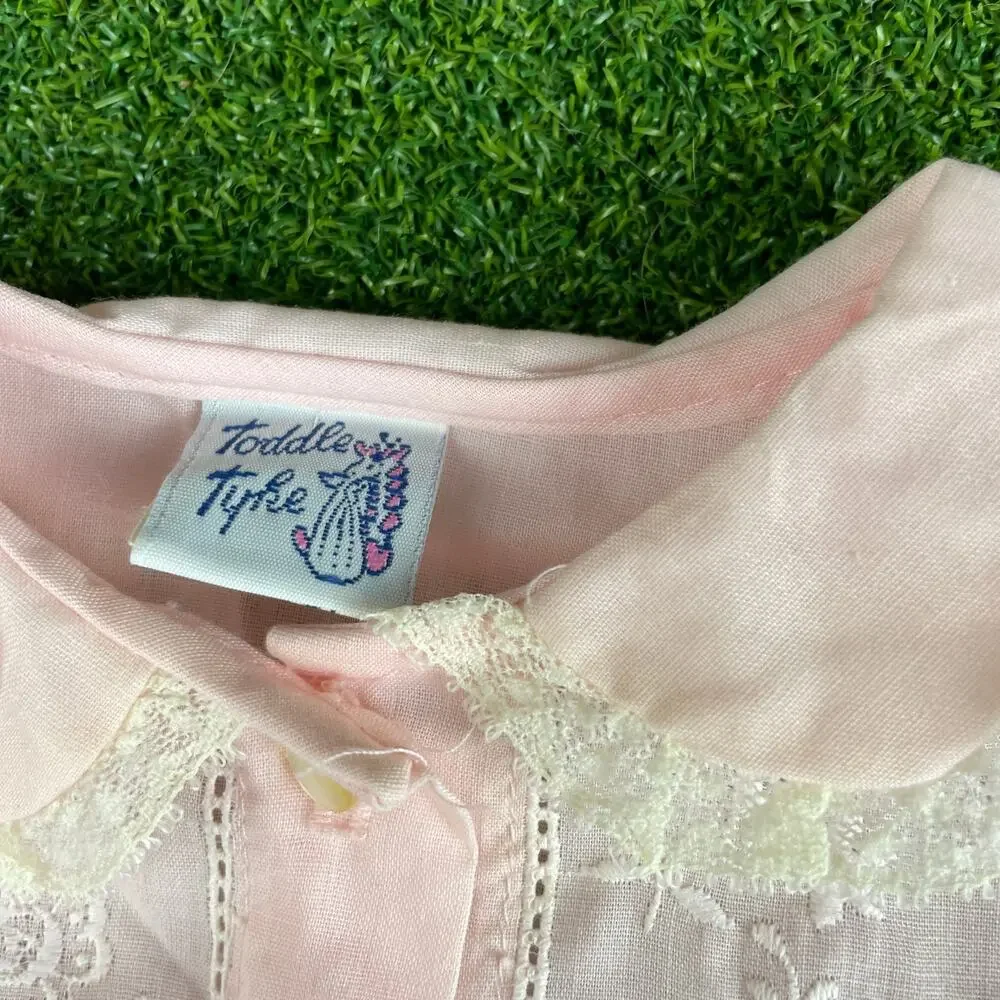 Vintage Toddle Tyke Pink White Lace Frilly Puff Baby Girl Bubble Romper Sz 3Mos